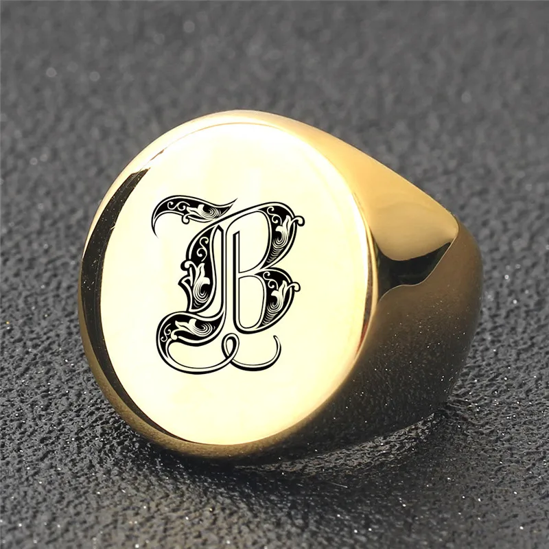 ZORCVENS New Punk Gold Color A-Z 26 Letters Initial Name Rings for Men Big Round Stainless Steel Wedding Ring Jewelry Gifts