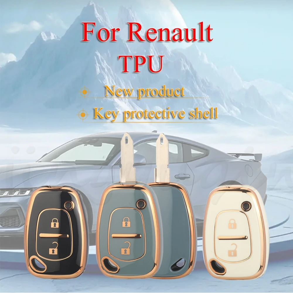 

jingyuqin For Renault - glossy, gold-rimmed black White gray 2Buttons TPU Remote Car Key Case Cover Key protective cover shell