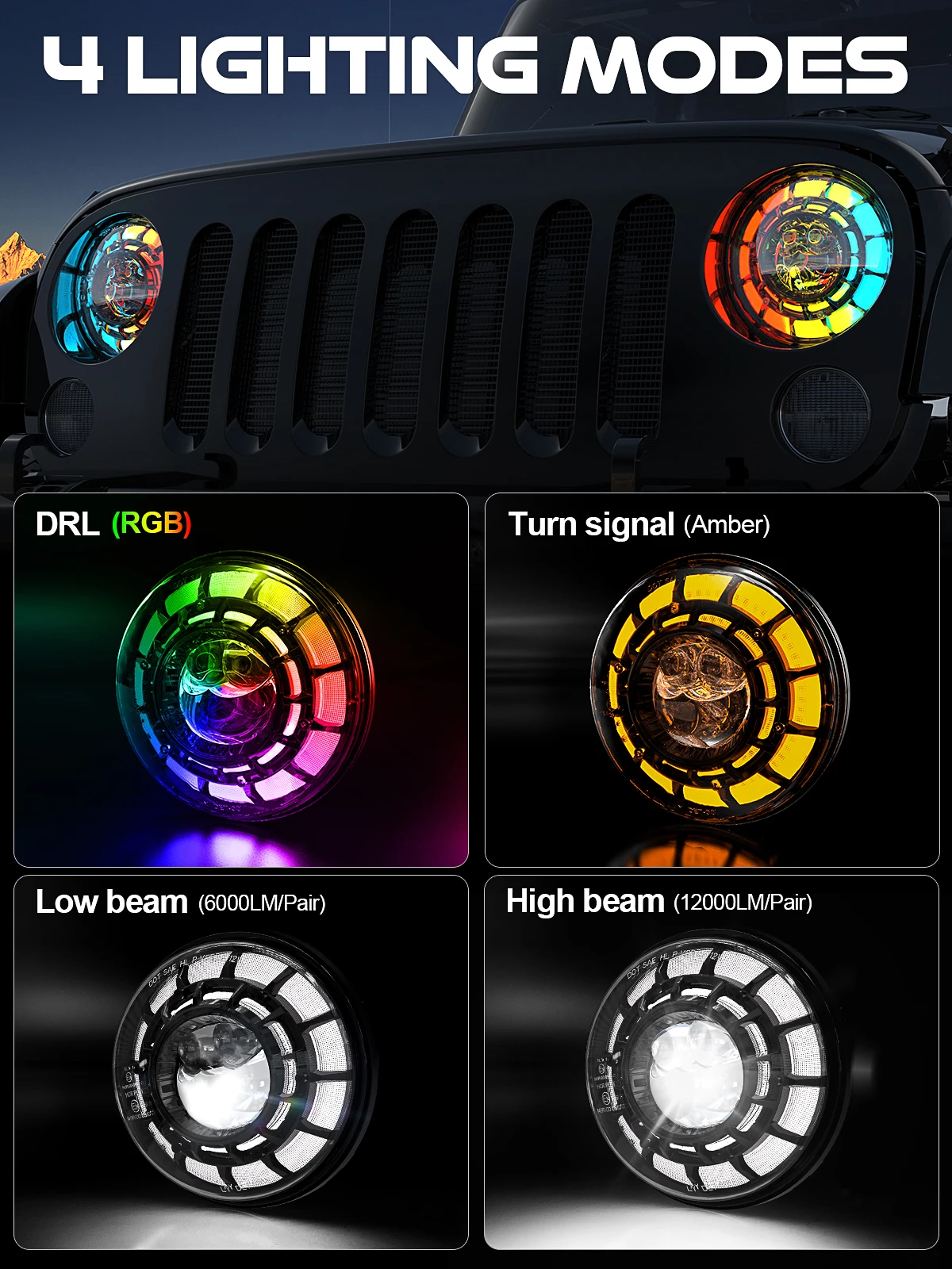 Hot selling;High Low Beam 121 Color RGB DRL With Amber Turning Lighting 7 Inch Round for