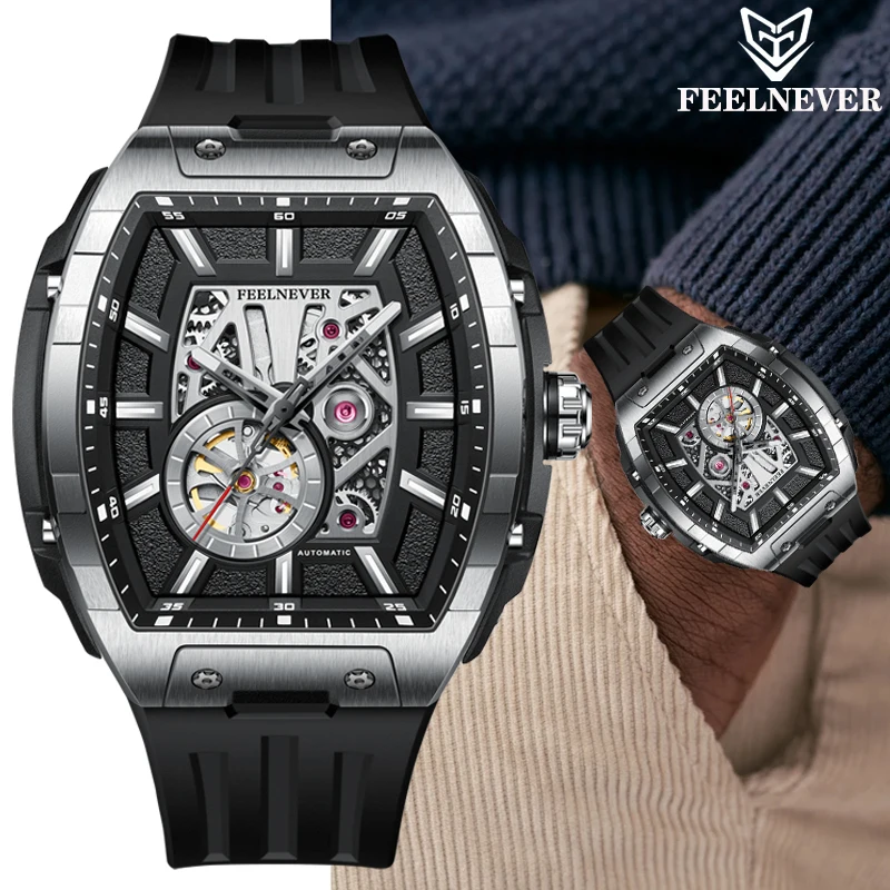 

FeelNever Hollow Creative Mechanical Wristwatch Square Luxury Sapphire Crystal Waterproof Luminous Automatic Movement Man Watch
