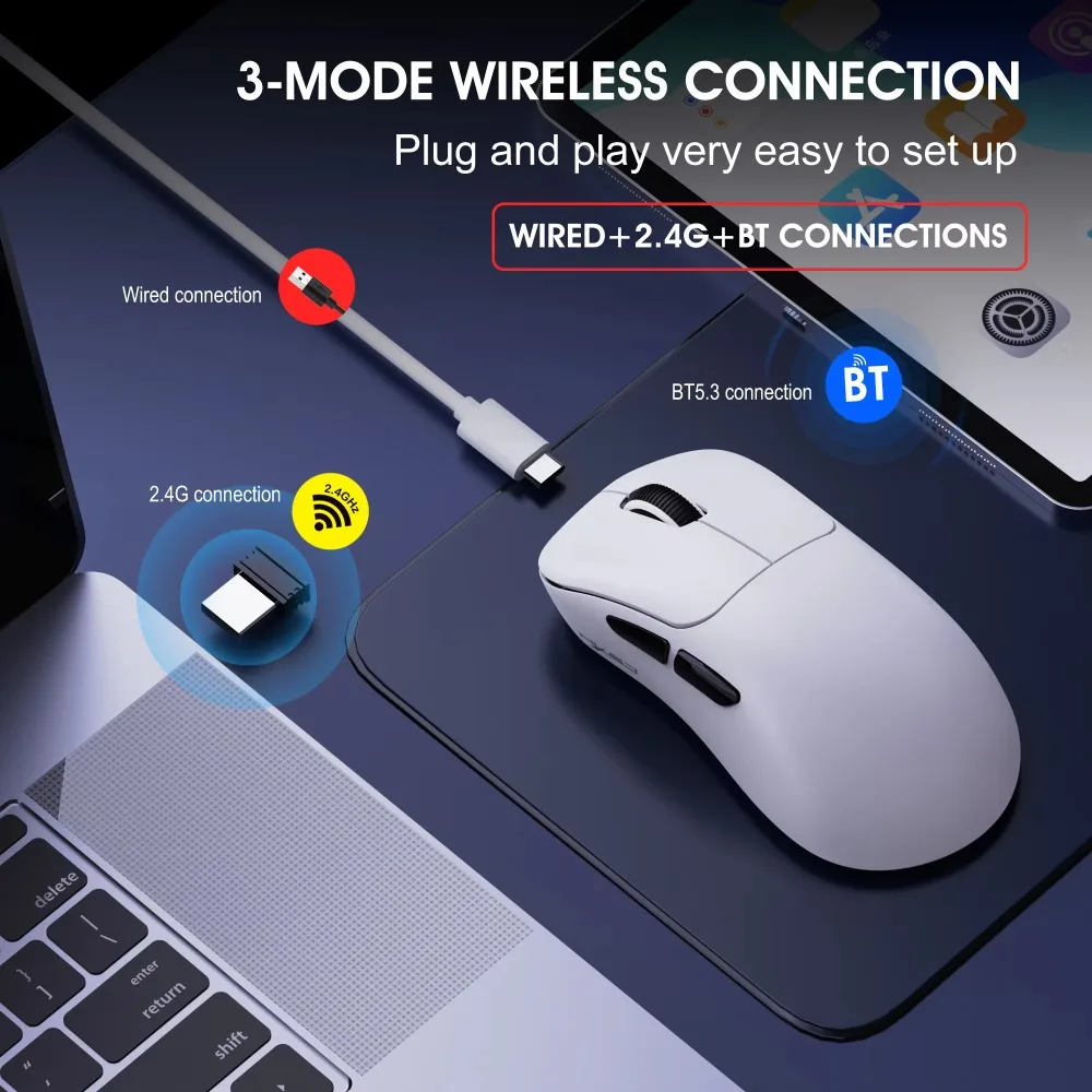 T700 Tri Mode Wired 2.4G BT5.3 Lightweight Gaming Mouse 10000DPI 1000Hz 500mAh Type C 6 Keys Programmable for Desktop Laptop