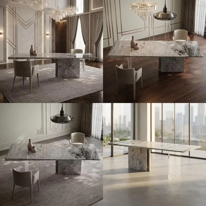 Modern Dining Table Set Natural Marble Top Acrylic Legs Home Hotel Use