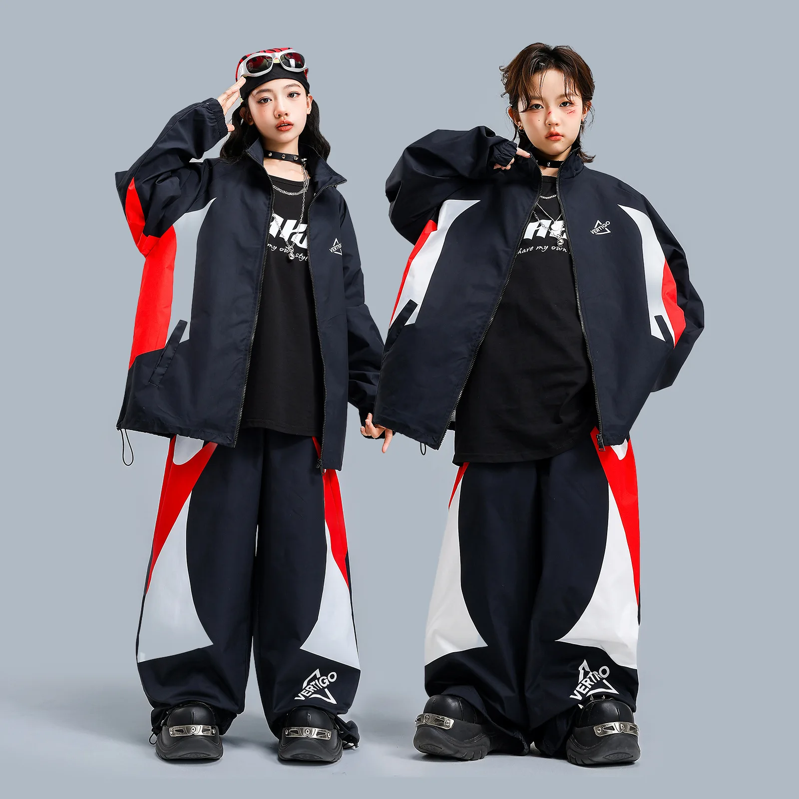 Children Streetwear Hip Hop Boys Girls Loose Casual Sport Jacket Pant Sets Kids Coat Trousers Tracksuits Stage Clothes Costumes