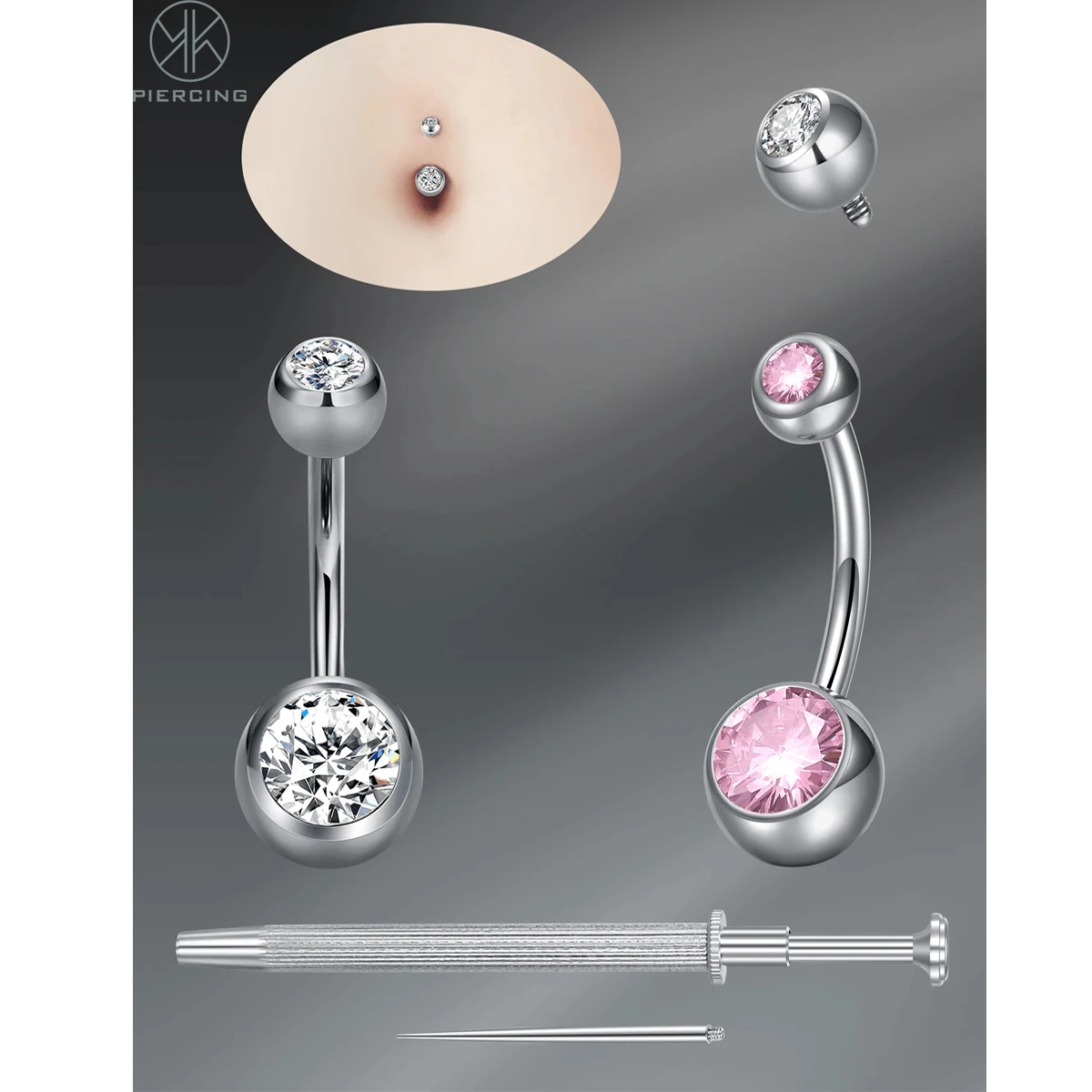 3pcs G23 Titanium Navel Rings Silver Internal Threaded Belly Button Rings 14G Piercing Jewelry Women's Long Navel Rings