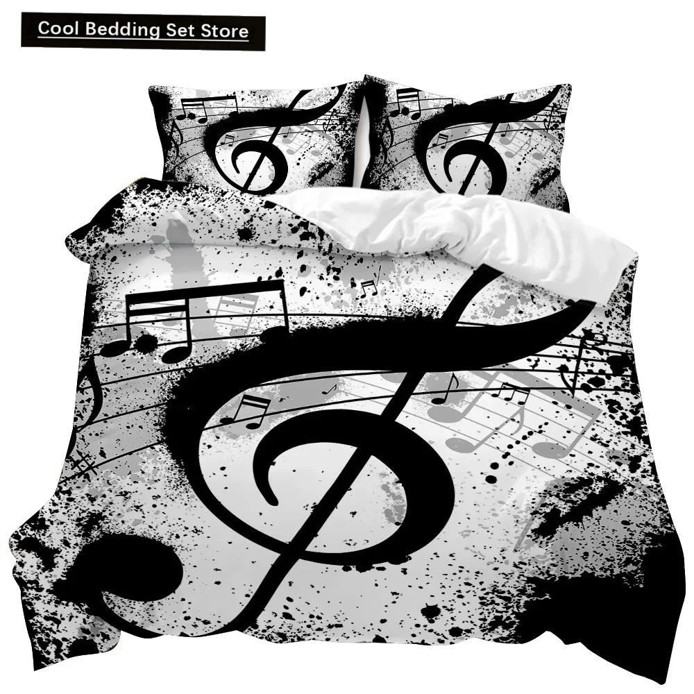 

Music Duvet Cover Music with G-Clef Black Instrument Twin Bedding Set Monochrome Creative Rhythmic Ornate Polyester Qulit Cover