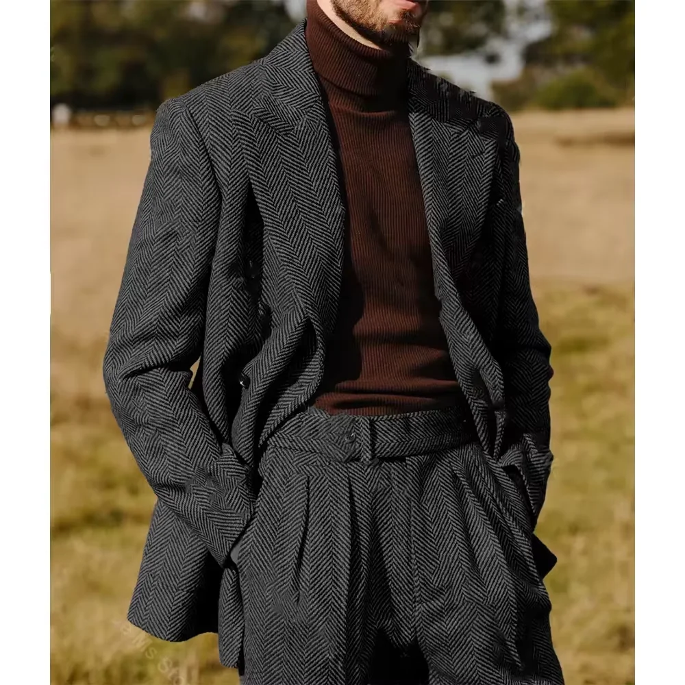 Setelan Jas Pria Herringbone 2 Potong Model Lapel Double Breasted Tuxedo Blazer Celana untuk Pesta Bisnis, Set Jas Jahit Khusus Laris Manis