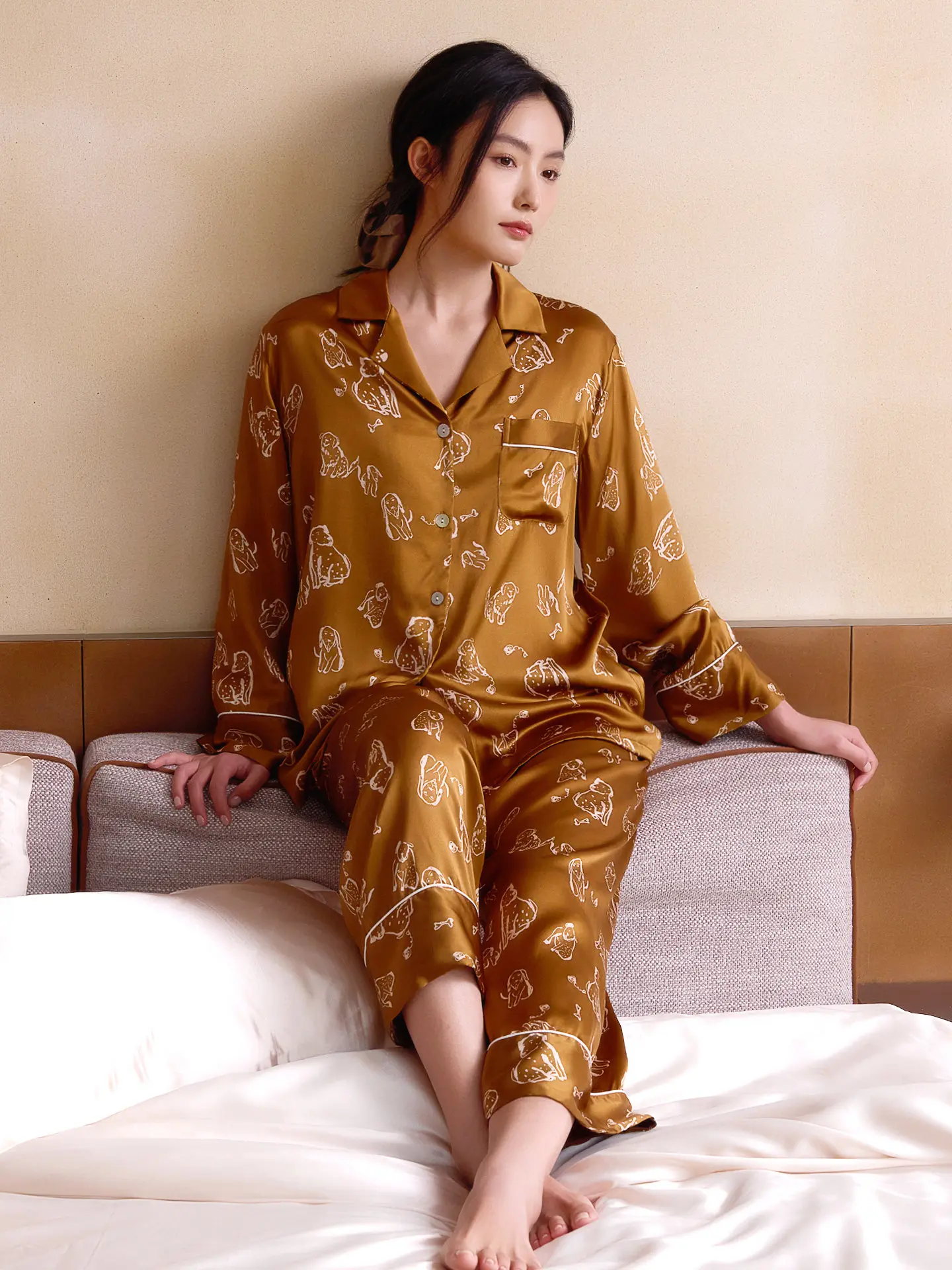 Luxury Vintage Printed 100% Mulberry Silk Pajama Spring Autumn Sleepwear Female 2 Piece Set Nightwear Lady Pyjamas Loungewear PJ