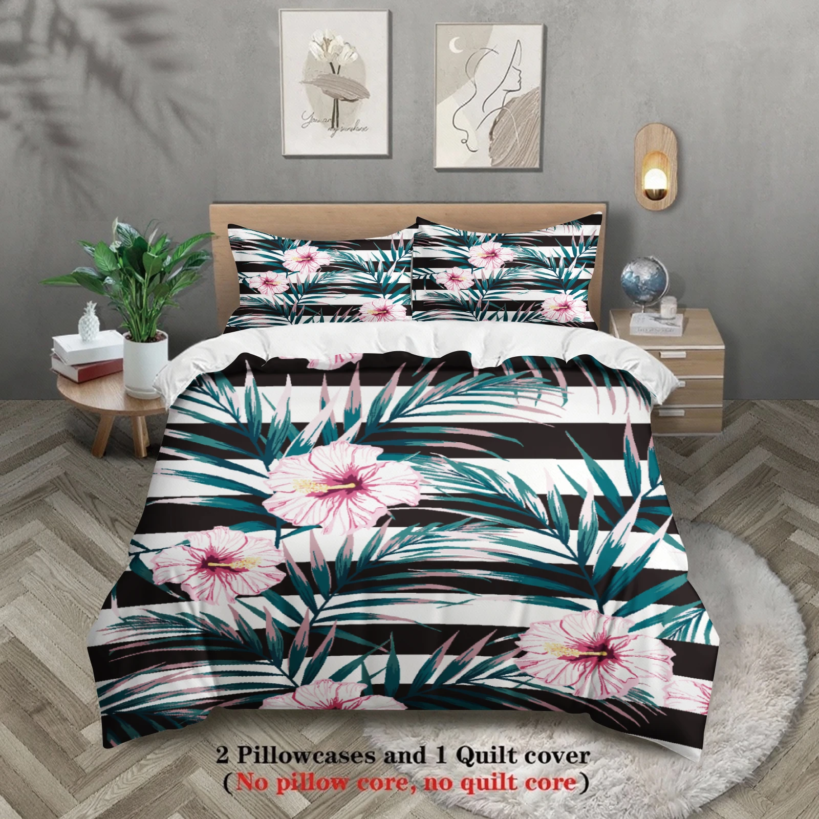 3pcs Tropical Floral Zebra Print Bedding Sets 3D Printed Duvet Cover Sets With Pillowcases No Filling