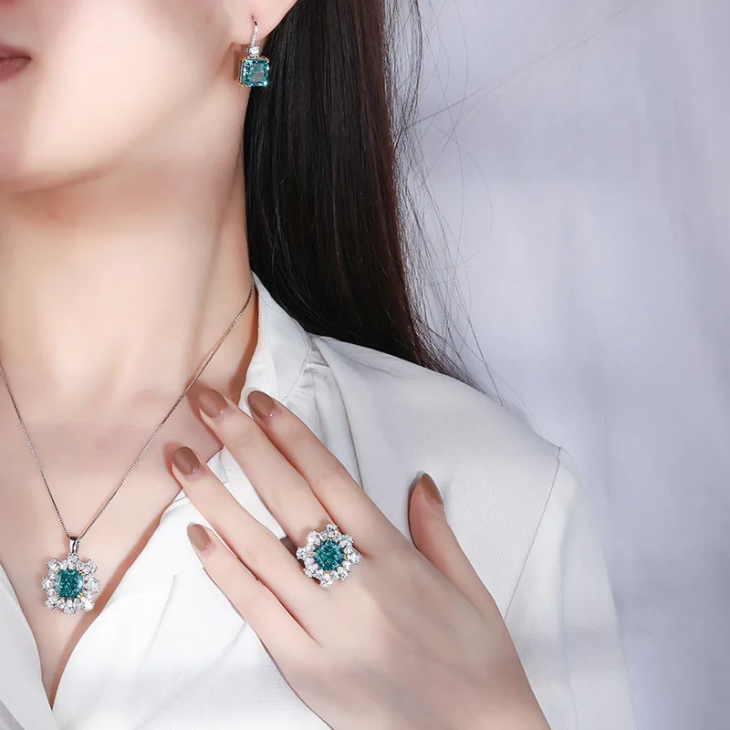 S925 Sterling Silver High Carbon Diamond Mint Green Pendant Ring Earring Necklace Set Women's Jewelry Bridesmaid Gift Luxurious image 5