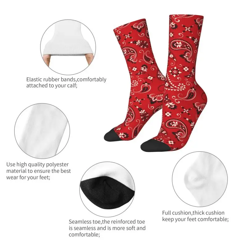 Fashion Red Bandana Paisley Pattern Mens Crew Socks Unisex Cool Spring Summer Autumn Winter Dress Socks
