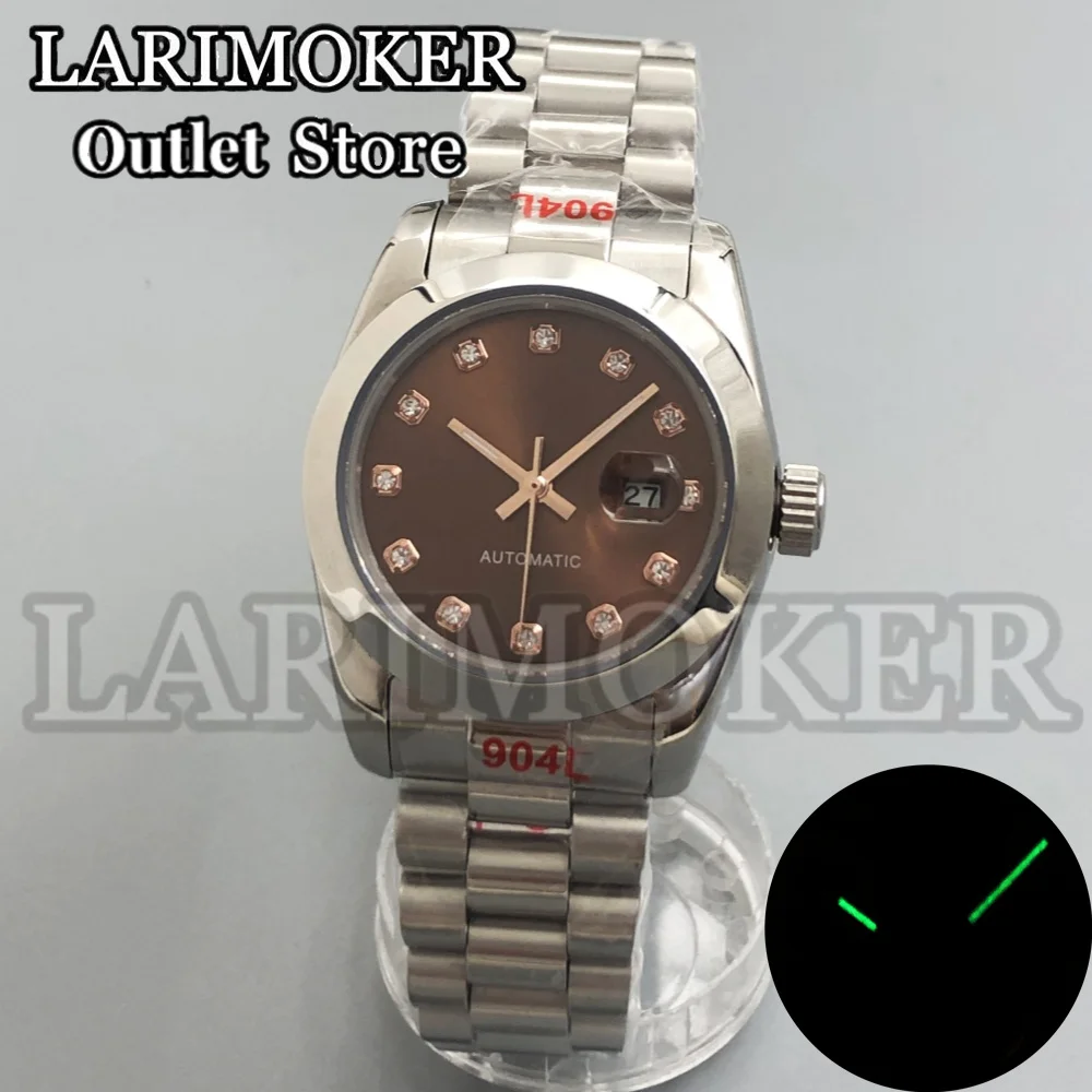 LARIMOKER Brown Sunburst dial Watch Automatic Woman Watch NH05 movement Diamond Index Stainless Steel Strap Sapphire Glass