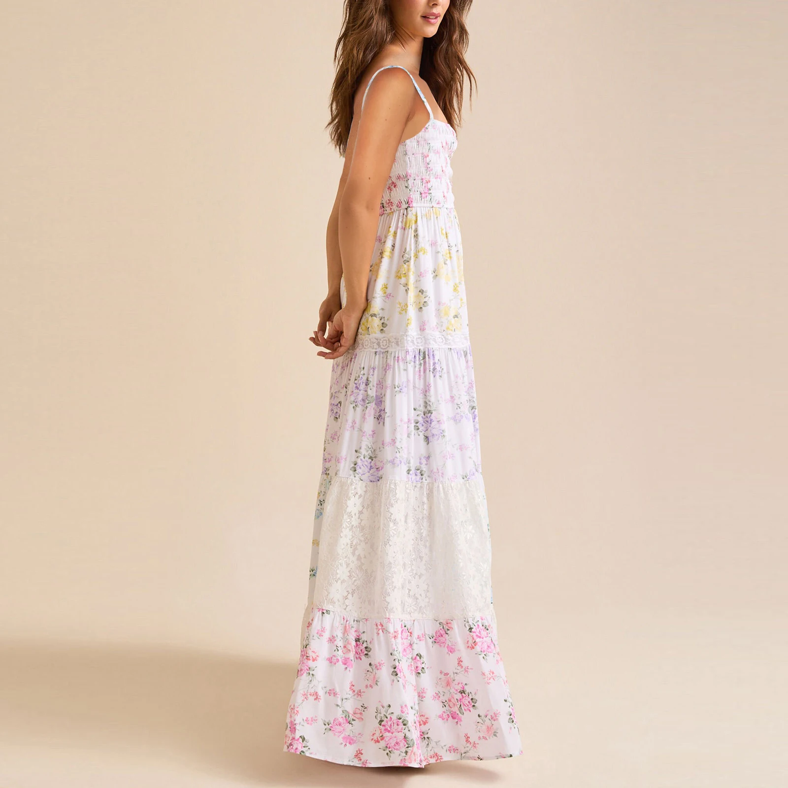 ผู้หญิงฤดูร้อนแขนกุดพิมพ์ดอกไม้ Contrast สีปรับสายรัดบาง Smocked Flowy A-Line ยาว Cami Slip Dress