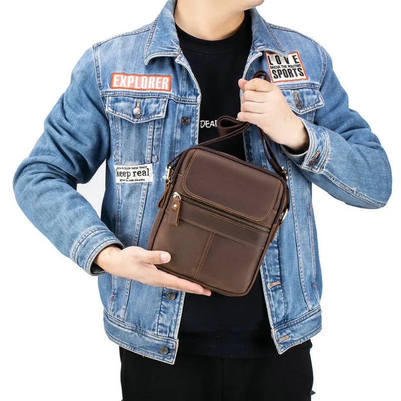Men's cross-body bag made of top-grade cowhide leather for outdoor use, casual and retro style, with a single shoulder strap.