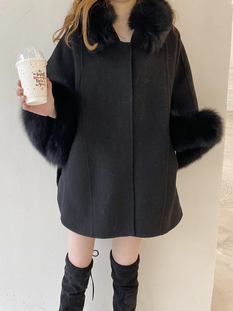 

MENINA BONITA 2023 Winter Jacket Women Natural Fox Fur Collar Real Fur Coat Cashmere Wool Bat Sleeve Ladies Outerwear Streetwear