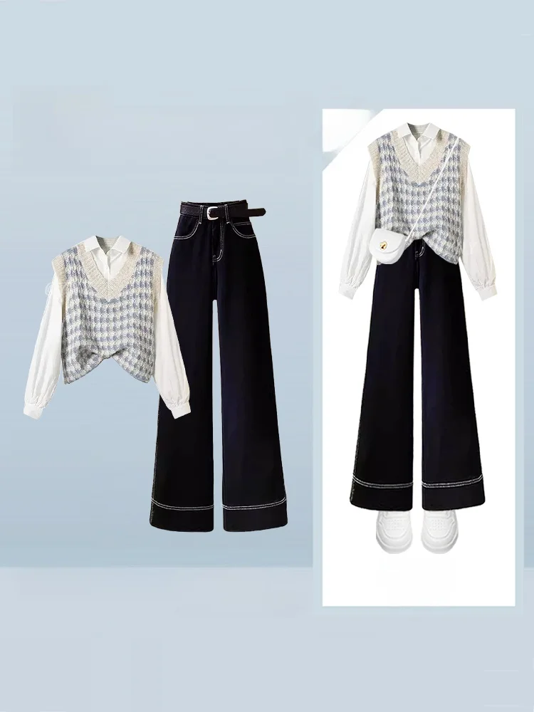 

Осенний вязаный жилет в полоску для пригородных поездок, белый комплект джинсов с прямыми штанинами, футболка Suite Faion, рабочая одежда, женская orm