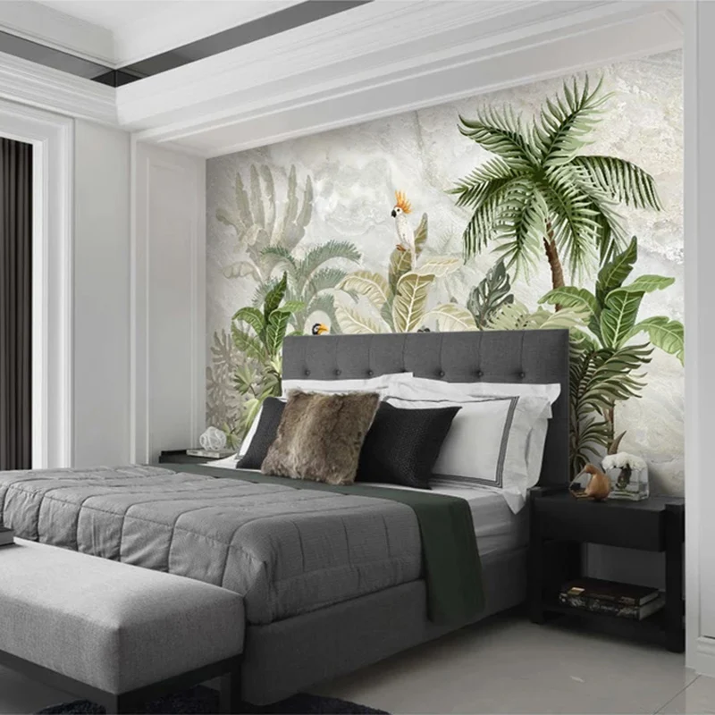 Papel tapiz fotográfico personalizado para paredes, patrón de mármol de estilo europeo 3 D, pintado a mano, hoja de planta, pintura de pared de