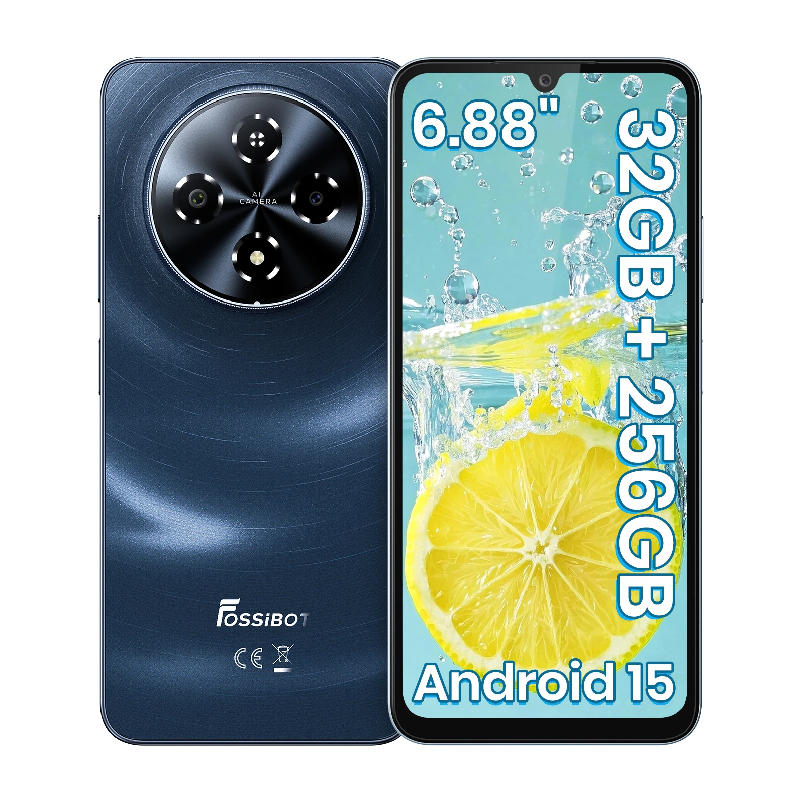 Fossibot S5 Pro Smartphone, Écran HD+ 6,88", 32(8+24)GB+256GB, Android 15, 6000mAh, 120Hz, OTG, Appareil Photo 50MP, Empreinte Digitale Latérale, Élégant et Portable