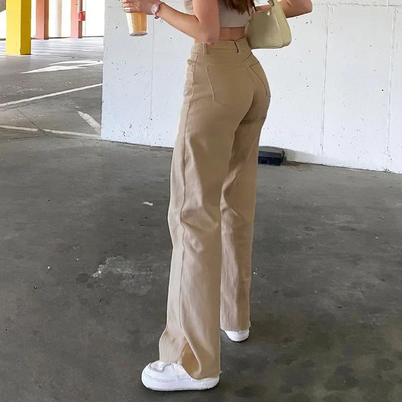 Women Jeans Straight Pants Solid Zipper High Waist Denim Ankle Length Loose Pockets Slight Strech Spring 2025 Streetwear