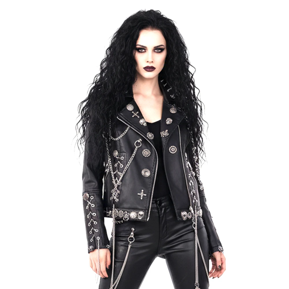 

Куртка-пиджак в стиле Emo Harajuku Gothic, ручной работы, с заклепками и цепями, из веганской кожи, с черепами, в стиле Y2K, для E-Girls, DIY, Эко-панк-рок