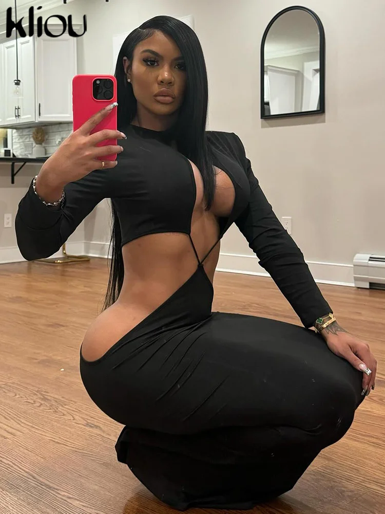 kliou Sexy Hot Decolleté Vrouwen Jurk Effen Mode Unieke Holle Volledige Mouw Tailleless Cross Bodycon Vrouwelijke Coquette Club Japon
