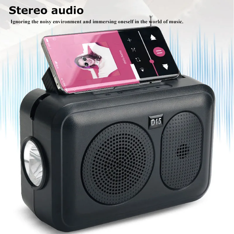 Portable Emergency Radio Solar Charging  FM Radios Wireless Hifi Stereo Bluetooth Speaker with Flashlight Support TF Card USB