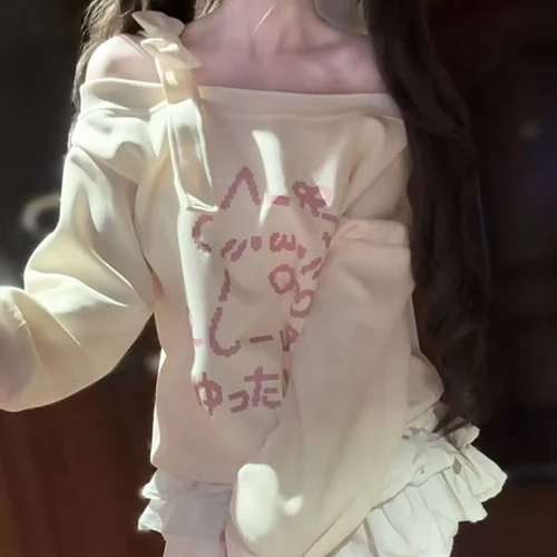 Camisetas japonesas 2025, ropa para mujer, Camisetas de manga larga con lazo de dibujos animados, Camisetas holgadas con hombros descubiertos, camiseta informal de moda, Tops Y2K