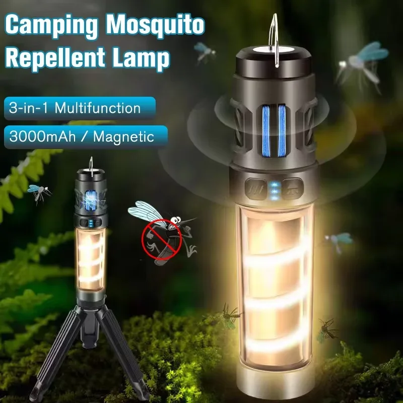 Lanterna LED Recarregável para Camping, Lâmpada Repelente de Mosquitos Multifuncional, Iluminação Portátil para Exterior com Tripé