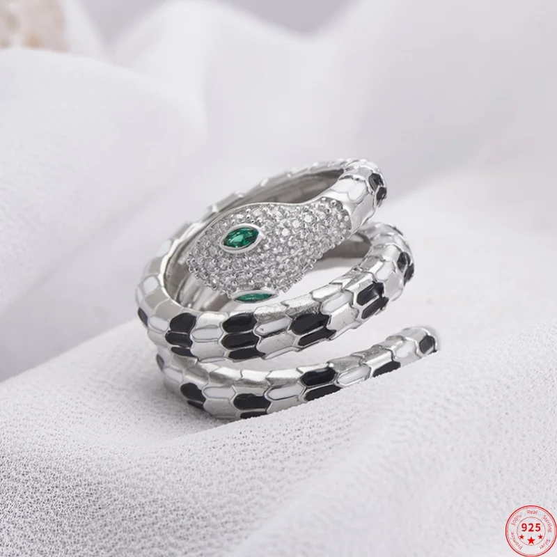 S925 Sterling Silver Rings for Women Men New Fashion Spirit Snake Inlaid Green Zircon Eyes Adjustable Punk Jewelry Wholesale