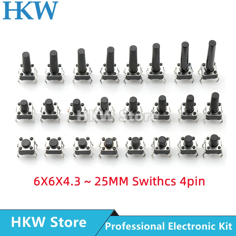 20pcs 6x6 Mini Push Button Switch DIP Tact Switch 6X6X4.3 6*6*4.3/5/6/7/8/9/10/11/12/13/14/15/16/17/18mm The Power Switch 4Pin