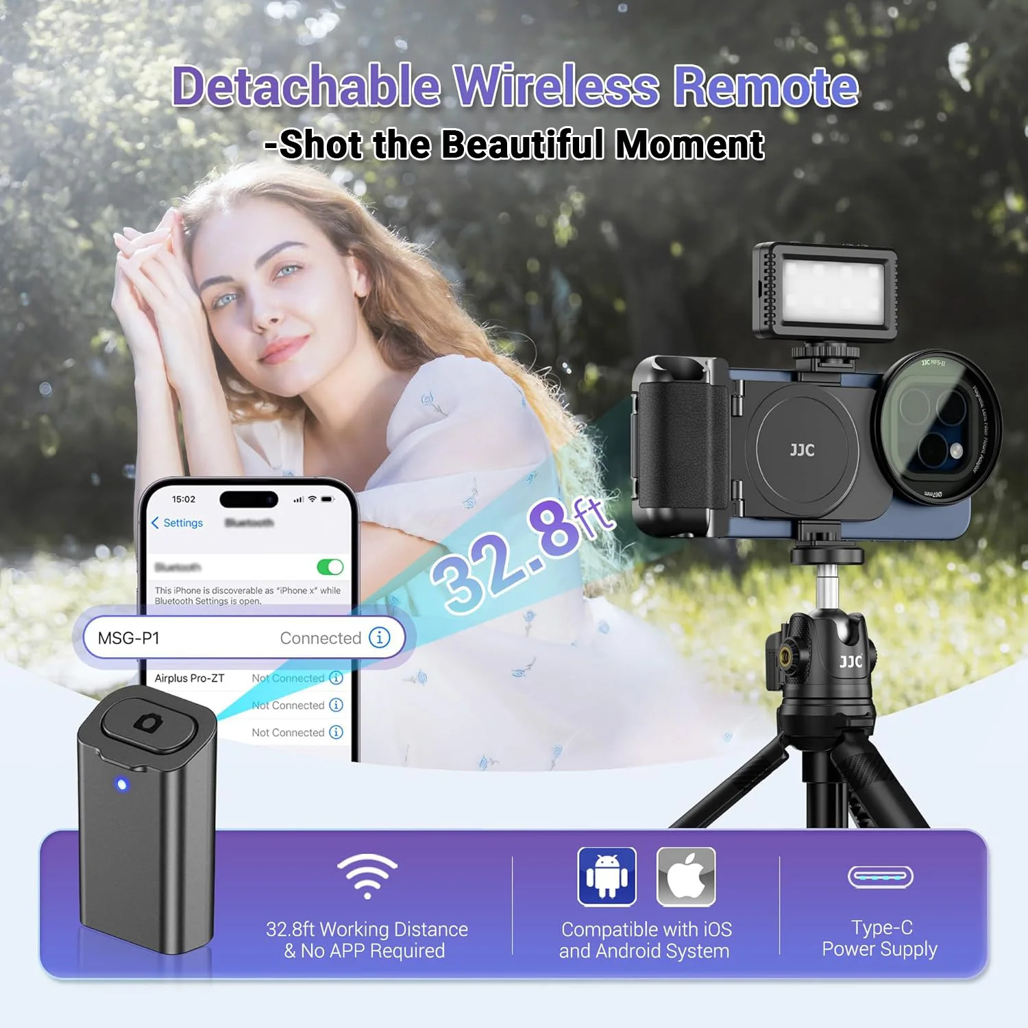 JJC Smartphone Camera Shutter Remote Handle Grip with Detachable Wireless Remote Control for iPhone Samsung Video/Photo Shooting