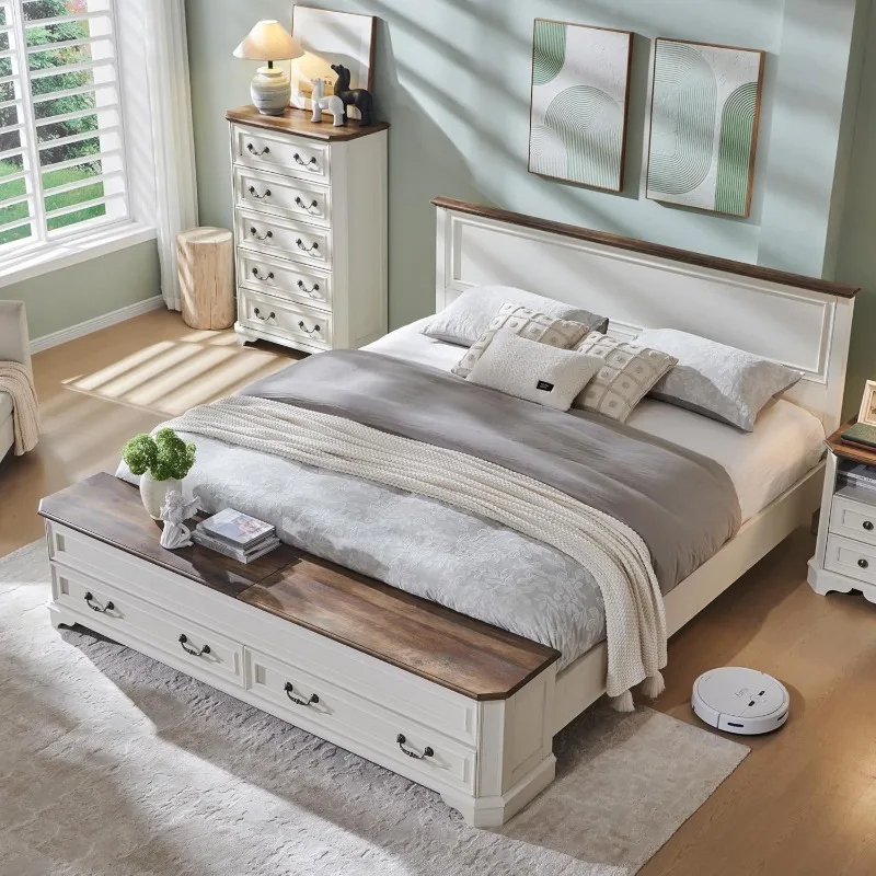 

Farmhouse King Bed w/ Headboard & Storage Bench, Rustic Wood Platform Bed w/ 80" Storage Chest & 4 Large Drawers,