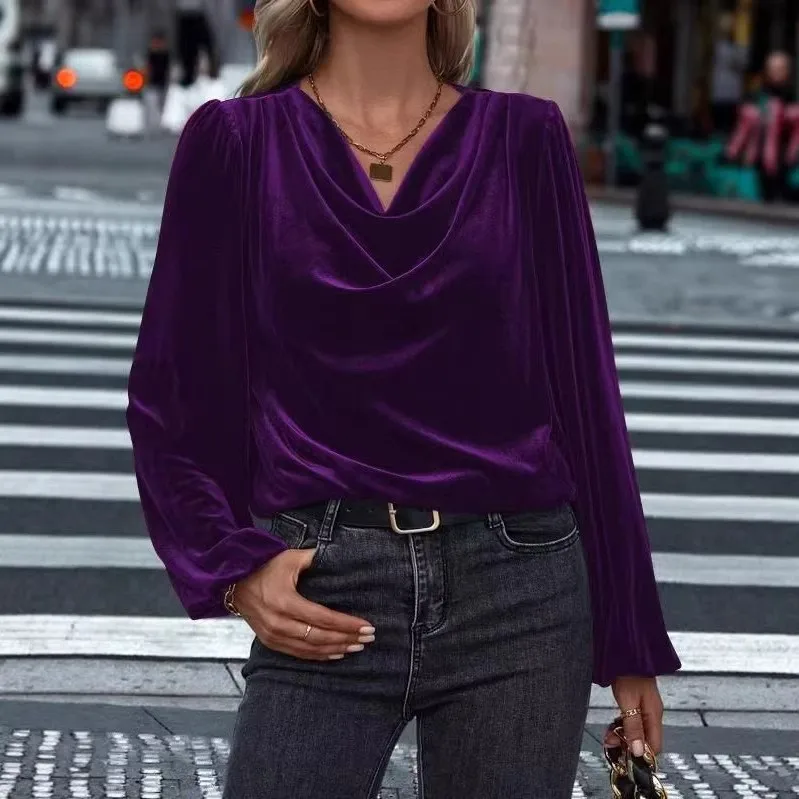 Puff Sleeve Long Sleeve Top with Pull on Loose Fit Regular Length Commute Style No Stretch Spring Elegant Patchwork Women Top