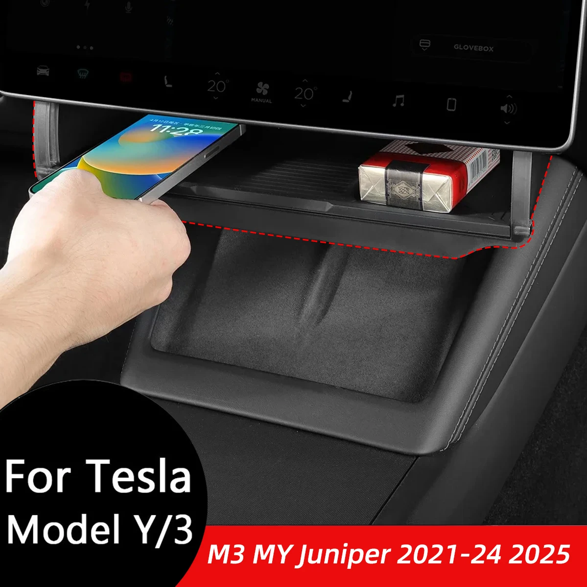 Para Tesla Model Y Juniper 2026 e Model 3 Highland 2025: Caixa Organizadora Oculta Sob a Tela para Console Central