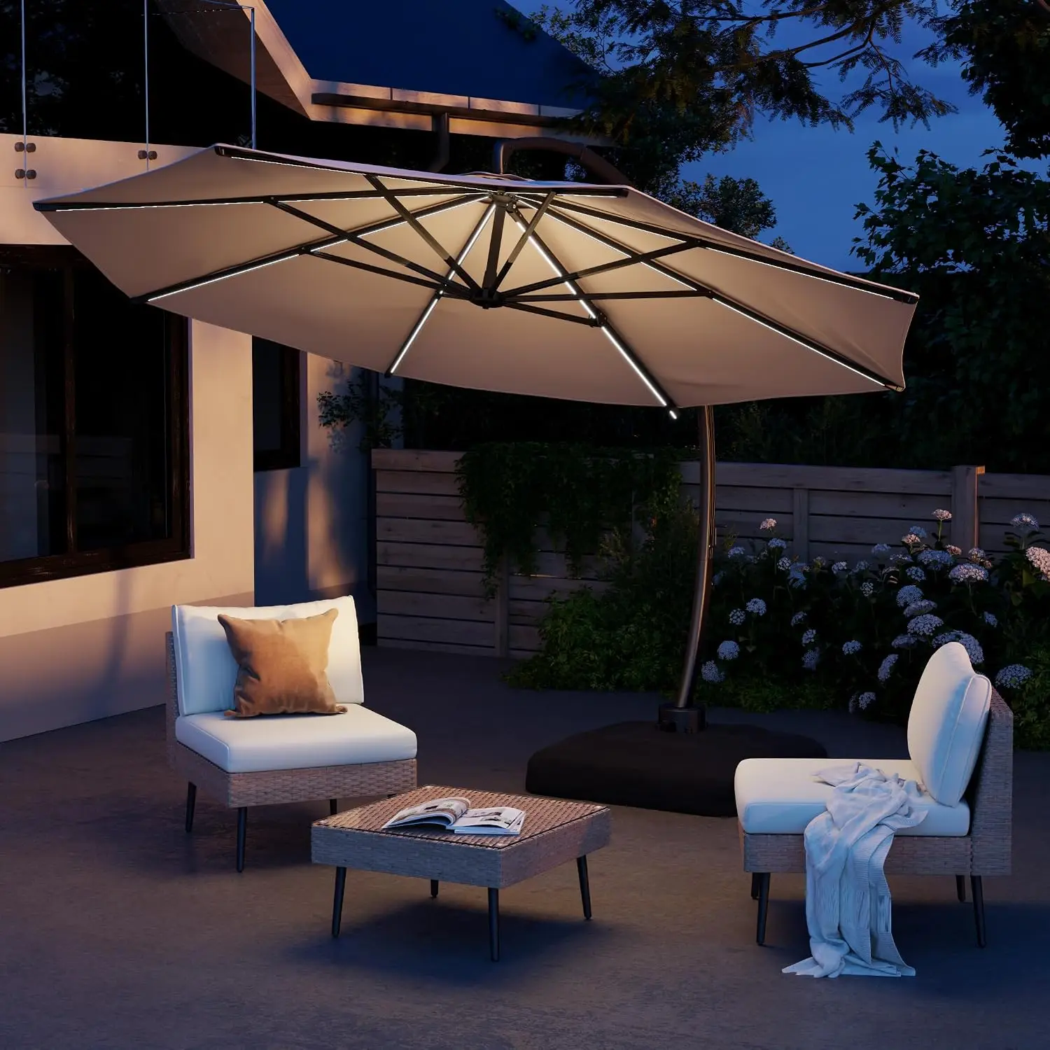 11FT Solar Powered LED Light Cantilever Patio Umbrella With Base Included, Custom