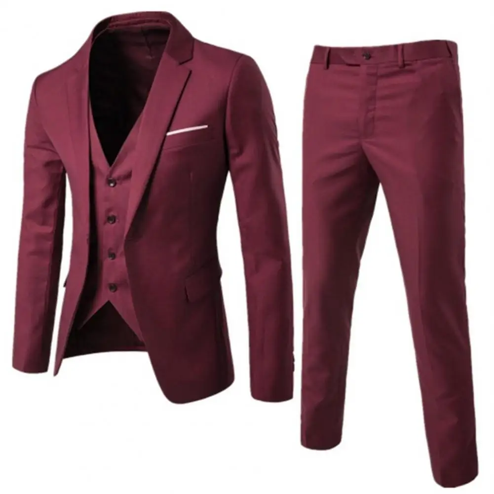 Traje de tres piezas para hombre, chaqueta Formal de negocios, conjunto de pantalones, Color sólido, ajustado, cuello vuelto, traje de boda antiarrugas para novio