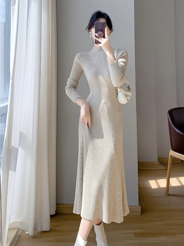 

2024 New Autumn Winter Fashion Long Sleeve Women Sweater Dress Elegant Slim Waist Ladies Half High Collar Knitted A-line Dress