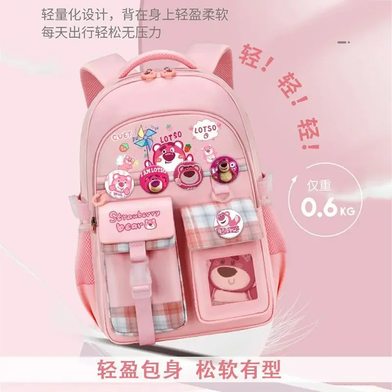 Sanrio tas sekolah Super ringan, tas ransel pelindung tulang belakang, kapasitas besar, kartun imut, tas sekolah Super ringan, beruang stroberi untuk pelajar