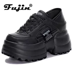 Fujin 10cm nowy okrągły nosk buty z prawdziwej skóry kobiety Aurumn wiosna lato mokasyny projektant masywne Sneaker platforma buty klinowe