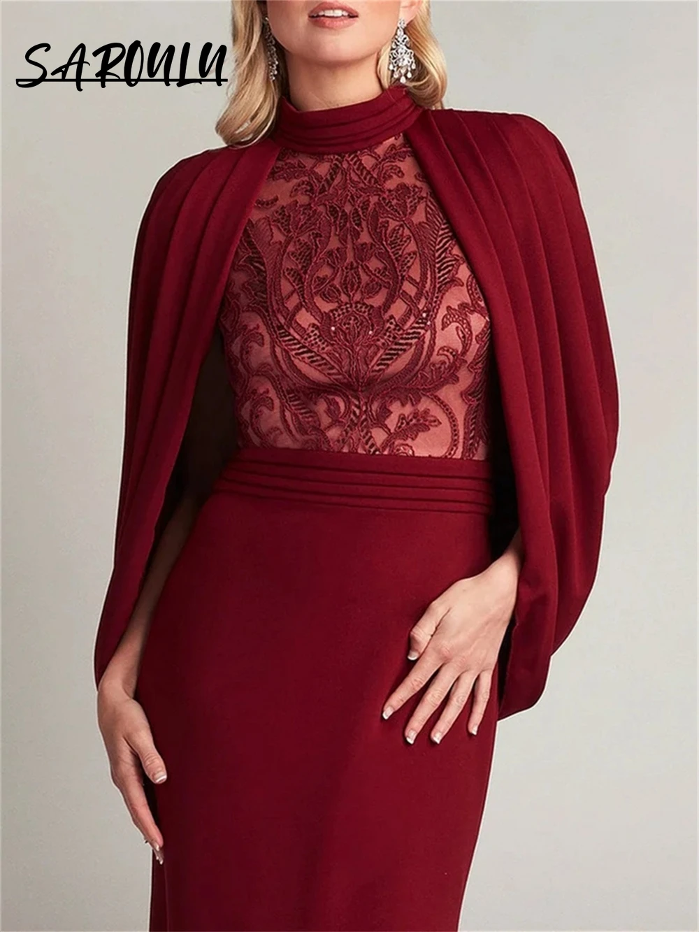 Plus Size Chiffon Kleider für die Brautmutter für Hochzeiten Stehkragen Spitze Mantel Hochzeitskleid Cape Sleeve Robes Invitée