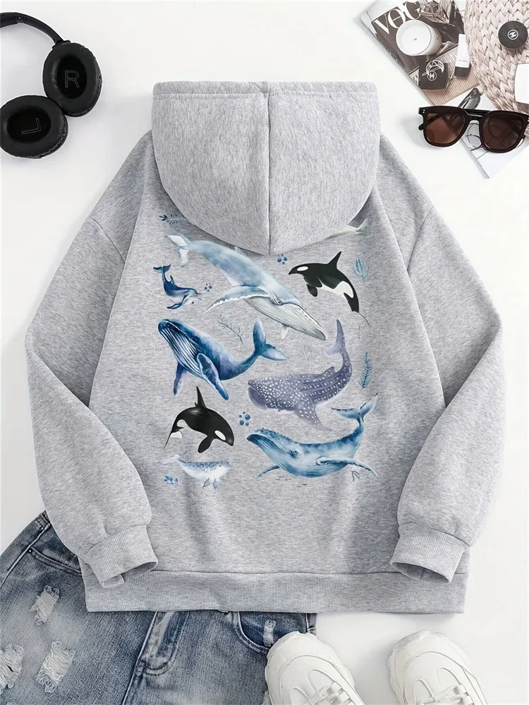 Ocean whales Print Female Hoody Harajuku Comfortable Sweatshirts Fashion O-Neck Quality Hooded Autumn Warm Streetwear Women