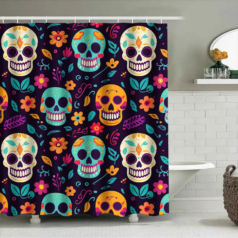 

Tuniu Colorful Skull Day of the Dead Shower Curtain Floral Pattern Mexican Decor Halloween Gift