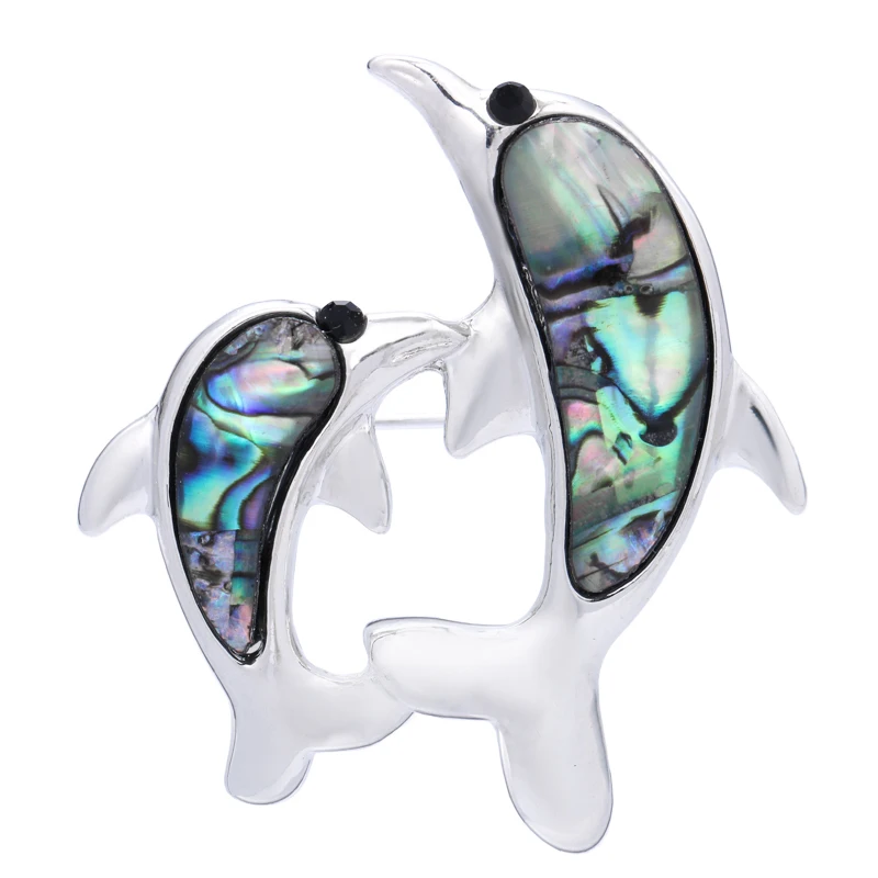 Wuli&baby Abalone Shell Dolphins Women Brooch Pins Mother and Son Sea Animal Jewelry Brooches Gift