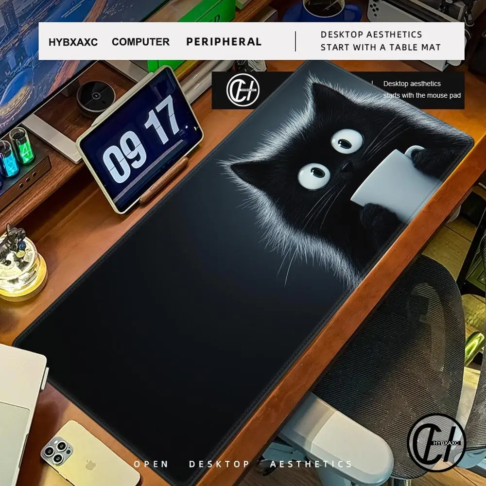 Funny Black Cat Mouse Pads Cute Cat Computer XXL Mausepad Company Desk Pad HYBXAXC Large Kawaii Cushion Office Accessories Rug