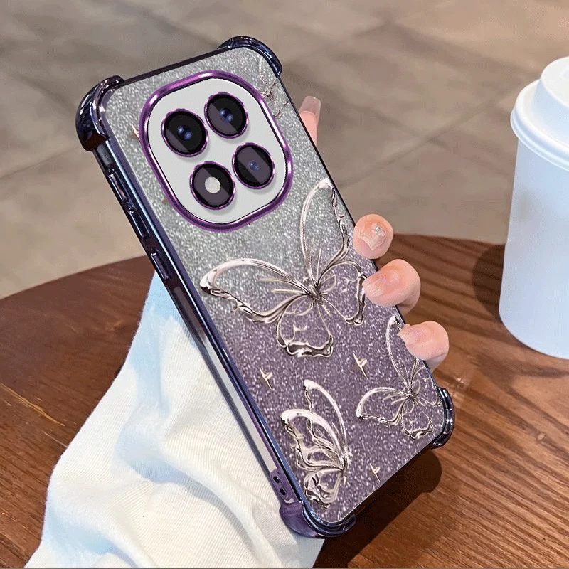 Capa Protetora com Glitter para Xiaomi Redmi Note 15 Pro Pro+ 5G Note15 4G, Capa TPU Antichoque com Cantos Reforçados e Design Borboleta