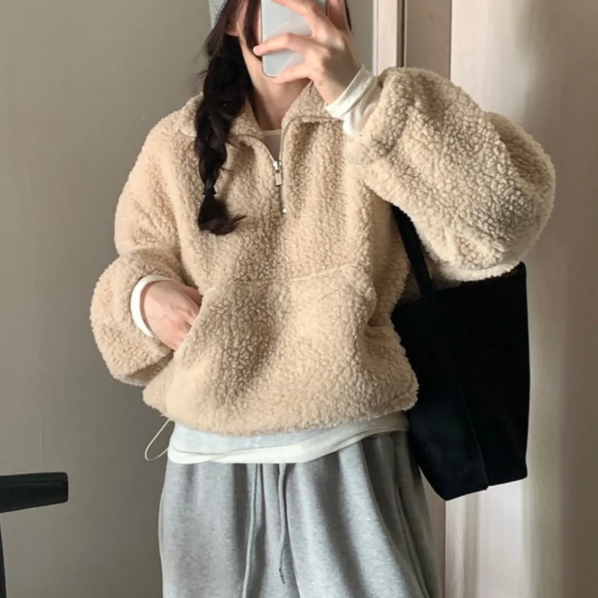 

Ladies Chic Faionable Loose Fit Hooded f Zipper Lamb Fur Sweatirt Winter Warm Top Korean Sle Streetwear Casual