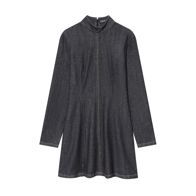 Fashionable Casual Denim  Dress Women's Cross-Border Clothing Mid-Waist Long-Sleeve Gown for Elderly Summer Season