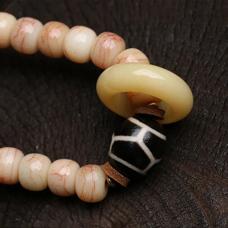 Natural Pink Blood Camel Bone Barrel Bead 108-Bead Buddhist Prayer Beads Multi-Strand Bracelet with Agate Antler Accessories