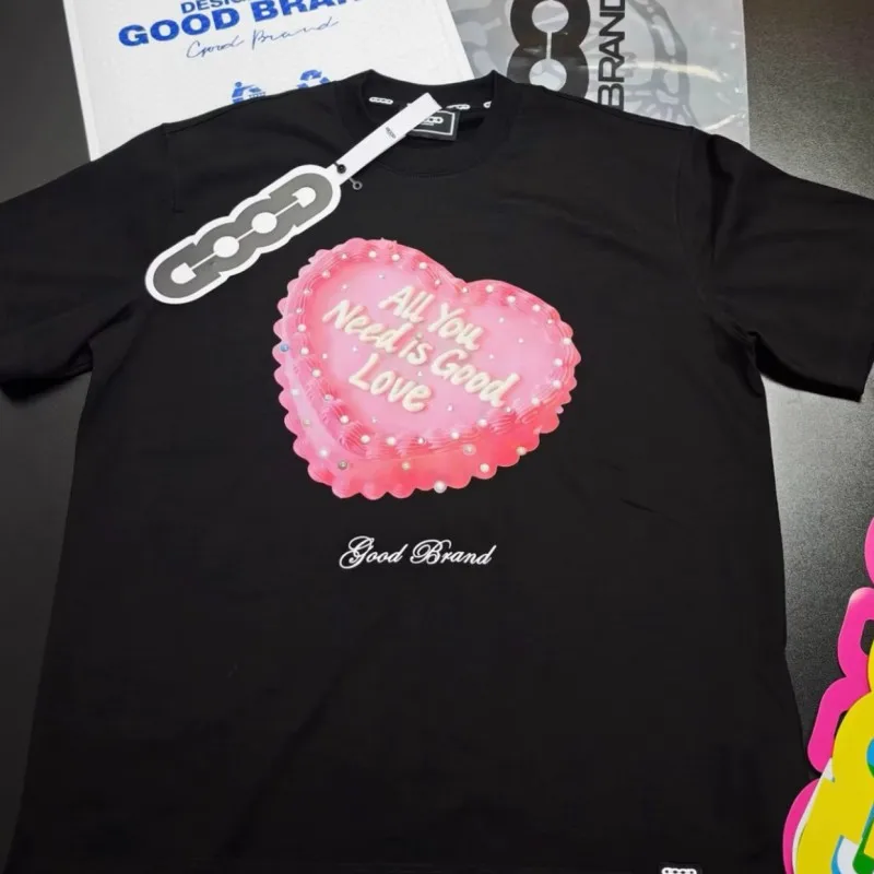 Pink Heart-shaped Cake Foam Rhinestone Short Sleeve Breathable Cotton GOODBRAND Tshirts Summer Men Women Tops Streetwear