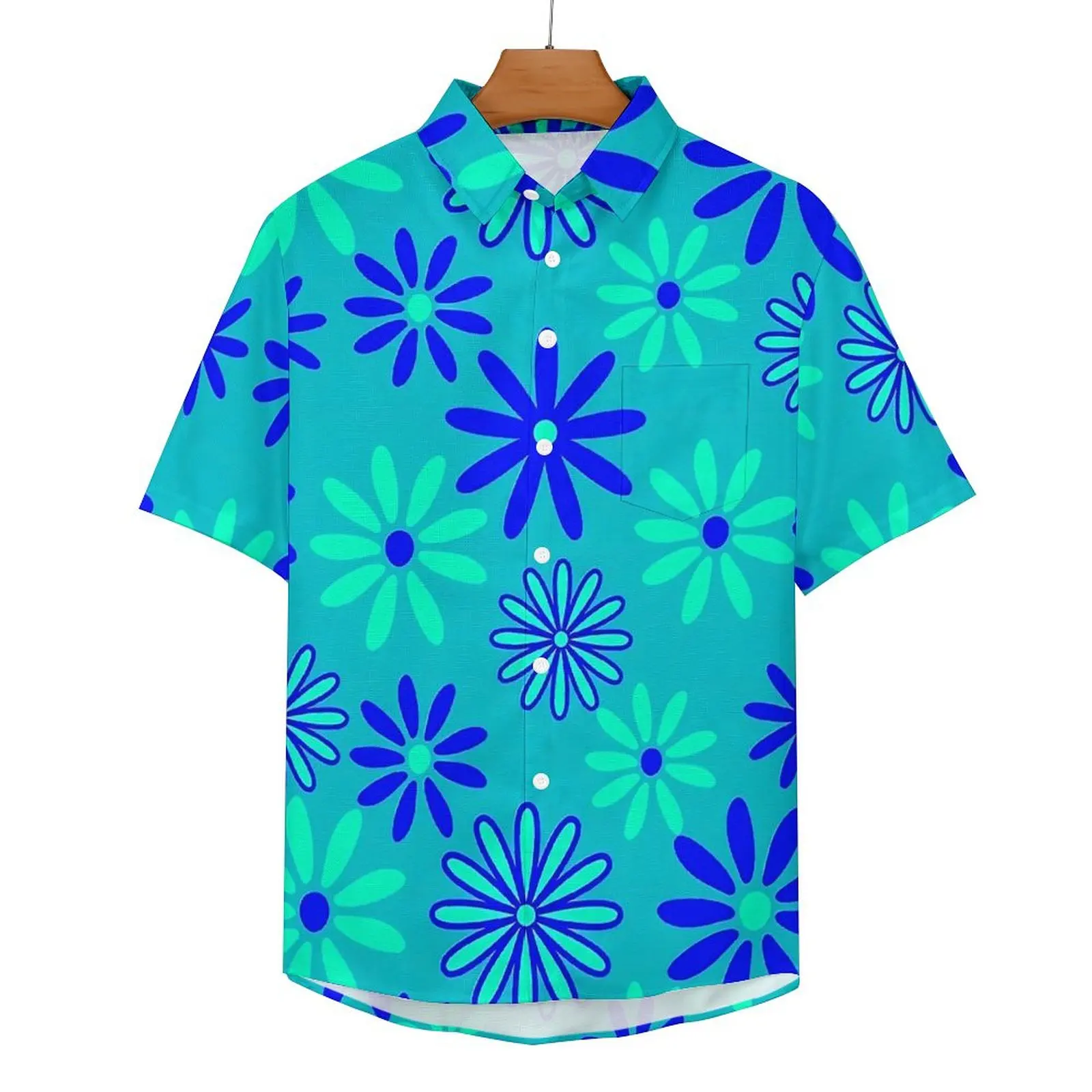 

Boho Floral Casual Shirt Blue Flowers Print Vacation Loose Shirt Hawaii Retro Blouses Short Sleeves Design Oversize Clothes