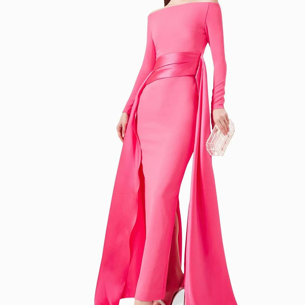 

Customized Mermaid Jersey and Satin Off the Shoulder Long Sleeves Evening Dress Boat Neck Back Slit Pleats Zipper Back Prom Gown